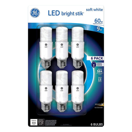 Bombilla LED GE Bright Stik de 9 vatios no regulable 2700K, paquete de 6