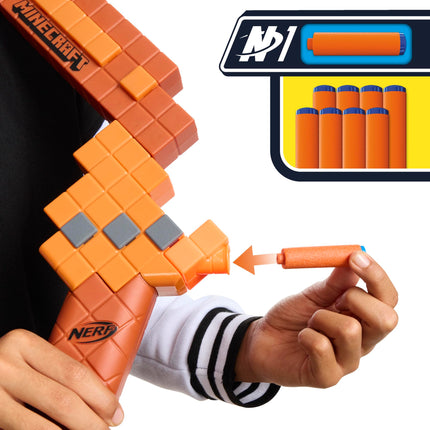 Lanzador de dardos Nerf Minecraft Bow, cebado con cuerda de retroceso, 8 dardos N1, para mayores de 8 años