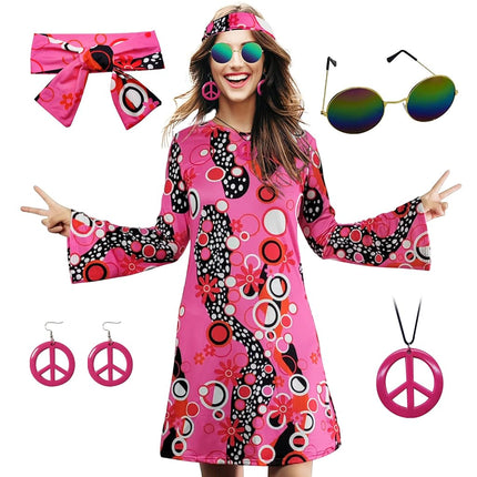 MRYUWB 70s Hippie Dress Costumes Necklace Earrings