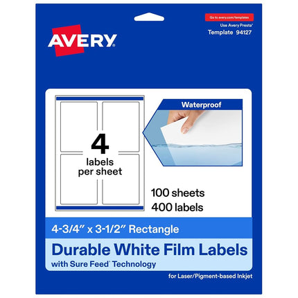 Avery Durable Waterproof Rectangle Labels with Sure Feed, 4.75" x 3.5", 400 Labels, Print-to-The-Edge, Laser/Pigment-Based Inkjet Printable Labels
