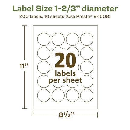 Avery EcoFriendly Matte White Recycled Round Labels, 1-2/3" Diameter, Print-to-The-Edge, Matte White Labels, Permanent Adhesive, Laser/Inkjet Printable, 200 Total