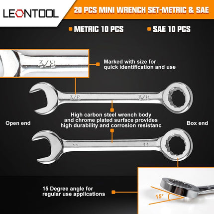 LEONTOOL Mini Wrench Set Metric and SAE 20 Pcs Ignition Wrenches 4-11mm & 5/32" to 7/16" Open End Box End Wrench Set with Key Ring, Combination Wrench Sets with Zipper Bag