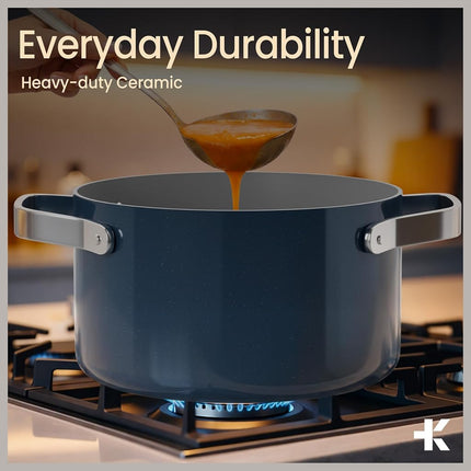 Blue 8.5 Quart Aluminum Stock Pot with Lid, Nonstick Ceramic Coated Boiling Pot, PTFE & PFAS Free, Oven Safe to 500�F, Riveted Stainless Steel Handles, Tempered Glass Lid, All Stove Compatible