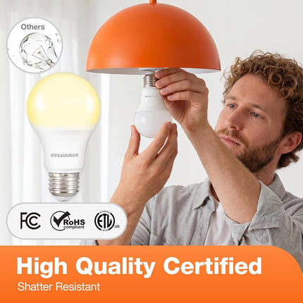 Bombilla LED Sylvania A19, equivalente a 60 W, eficiente 9 W, compatible con CEC, 10 años, no regulable, 2700 K, 800 lúmenes, 90 CRI, blanco suave - paquete de 24 (el paquete puede variar)