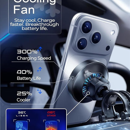 LISEN for Qi2.2 25W MagSafe Car Charger Mount with Cooling Fan＆95W Adapter