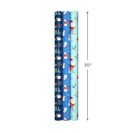 Hallmark Reversible Christmas Wrapping Paper for Kids (3 Rolls: 120 Sq. Ft. Total) Snowmen, Stripes, Trees, Skiing Santa, Zebras, Hedgehogs, Penguins