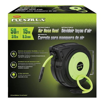 Carrete de manguera de aire de plástico retráctil Flexzilla, 3/8 pulg. x 50 pies, resistente, ligero, híbrido, ZillaGreen - L8250FZ
