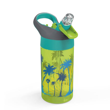 Zak Designs Botella de agua para niños de 473 ml con diseño de tablas de surf y palmeras de Riverside Beach Life, con pajita y asa de transporte integrada, de plástico duradero, diseño a prueba de fugas para viajes, 2 unidades (paquete de 1)