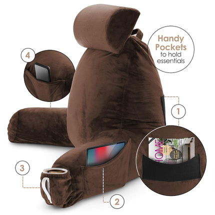 Clara Clark Reading, Bed Rest Arms for Kids Teens & Adults Premium Shredded Memory Foam TV Pillow, Large, Brown