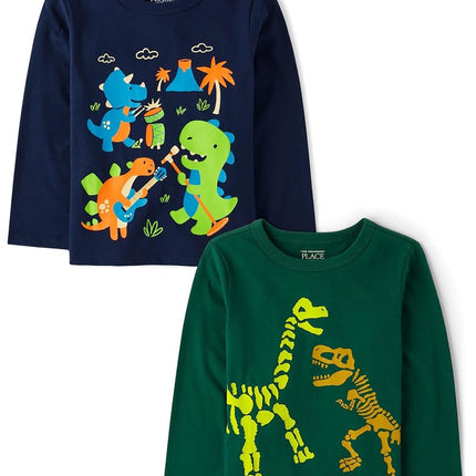 The Children's Place, garçons bébés et tout-petons, t-shirts à manches longues avec motifs de dinosaures, lots multiples, lot de 2 dinosaures verts/groupe de dinosaures, 4 ans