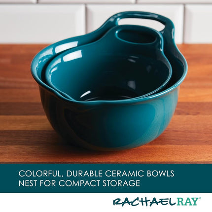 Rachael Ray Ceramics Nesting Mixing Bowl Set with Pour Spout, 1 Quart and 2 Quart, Teal
