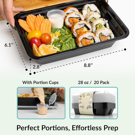 Enther [20 Pack] Single 1 Compartment Meal Prep Containers with Lids, Food Storage Bento Box with Portion Cups, BPA Free, Reusable Lunch Box, Microwave/Dishwasher/Freezer Safe, Portion Control, 28oz