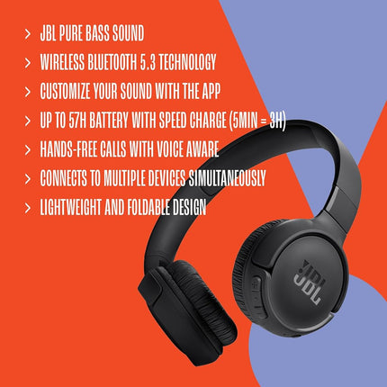 JBL Tune 520BT Wireless Headband, Frequency Response 20-20000Hz, Bluetooth 5.3, Blue