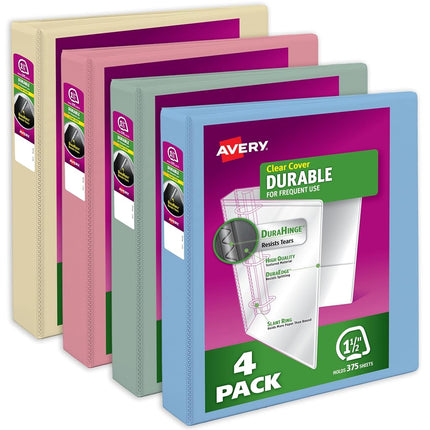 Avery Durable View 3 Ring Binders, 1.5 Inch Slant Rings, 375-Sheet Capacity, DuraHinge, 2.1 Inch Wide Spine, Customizable Clear Covers and Spine, Pastel Colors (4-Pack of 05634)