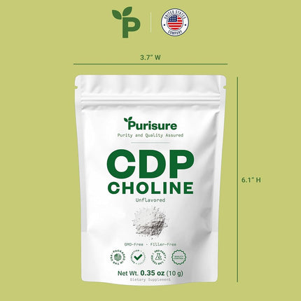 Purisure CDP Choline Powder, 10g | Brain Booster Supplement for Focus, Memory, Clarity, Energy | Improves Thinking Process, Emotional Well-Being | Reduces Mental Block & Fatigue | 40 Servings