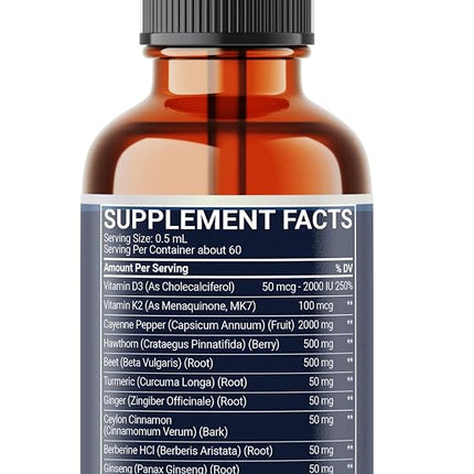 2 Packs of 30ml - Cayenne Pepper Liquid Drops with Vitamin D3, Vitamin K2, Hawthorn Berry, Beet Root, Ginger, Ceylon Cinnamon, Turmeric, Berberine - 120 Day Supply