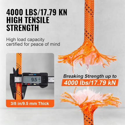 VEVOR Double Braided Polyester Rope, 9.5 mm x 36.57 m, 48 Strands, 17.79kN Breaking Strength Outdoor Climbing Rope, Arborist Rigging Rope for Rock Hiking Camping Swing Rappelling Rescue, Orange/Black