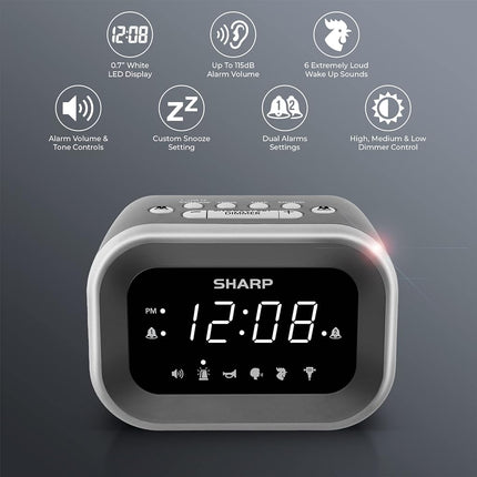 Reloj despertador muy ruidoso Sharp Big Bang para personas con sueño pesado, 6 sonidos de alarma extremadamente fuertes: Gallo, Corneta, Mamá regañona, Martillo neumático, Sirena, Pitido – Volumen de hasta 115db, Plata/Negro con pantalla LED blanca