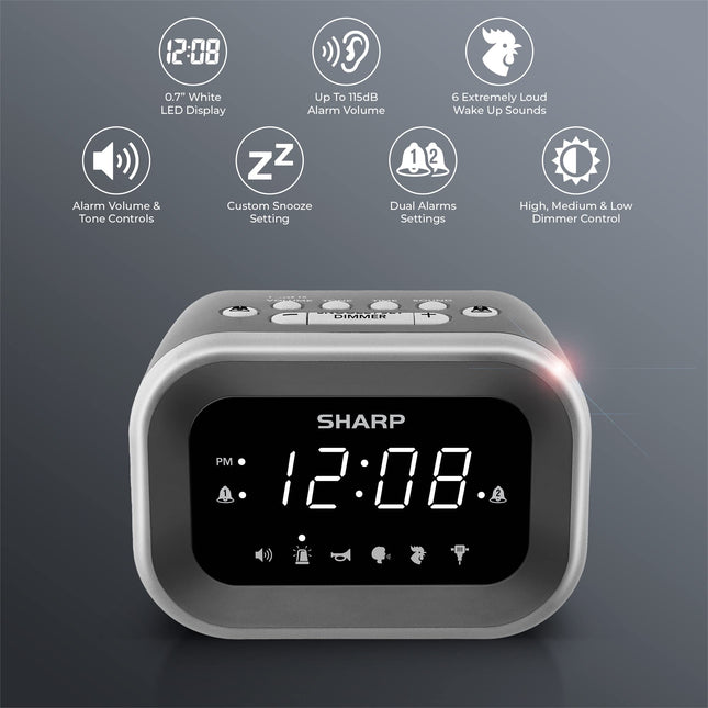 Reloj despertador muy ruidoso Sharp Big Bang para personas con sueño pesado, 6 sonidos de alarma extremadamente fuertes: Gallo, Corneta, Mamá regañona, Martillo neumático, Sirena, Pitido – Volumen de hasta 115db, Plata/Negro con pantalla LED blanca
