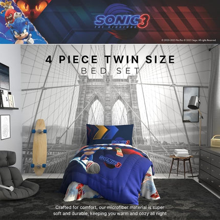 Franco Sonic The Hedgehog 3 Movie Kids Bedding Super Soft Comforter and Sheet Set, 4 Piece Twin Size, (Officially Licensed Product)