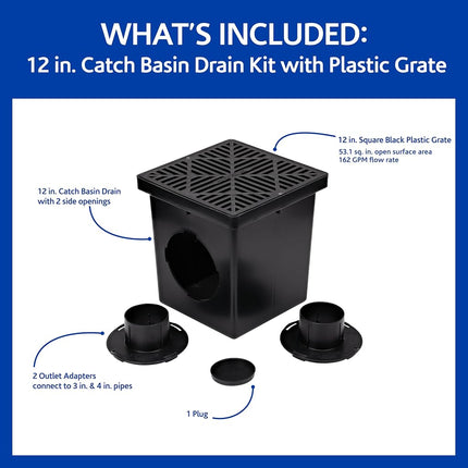 NDS 1200BKITRTL1PK Square Catch Basin Drain Kit with 2-Opening, 2 Adapters, & 1 Outlet Plug, 12-Inch, Black Plastic Grate