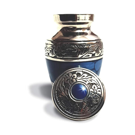 Small Keepsake Cremation Urns for Human Ashes with Velvet Heart Case and Funnel - Beautiful Peaceful Dark Blue Brass Hand Engraved Mini Memorial Urn
