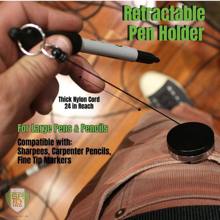 Paquete de 2 identificadores de especialista - Sujetador de bolígrafo retráctil resistente - Ideal para marcadores y lápices de carpintero - Cable de nailon grueso, carrete autorretráctil y clip de metal ajustado para cinturón de Reel-N-Rite