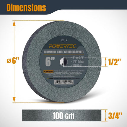 POWERTEC Bench Grinder Wheel 6 Inch 100 Grit, Aluminum Oxide Grinding Wheel for Bench Pedestal Grinder, 3/4" Thick 1/2" Arbor, Sharpening & Shaping Drill Bits, Blade, and Chisel 2PK (15519-P2)