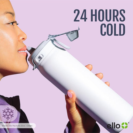 Ello Pop & Fill 22oz Stainless Steel Water Bottle with QuickFill Technology, Double Walled and Vacuum Insulated Metal, Leak Proof Locking Lid, Sip and Chug, Reusable, BPA Free, Mauve