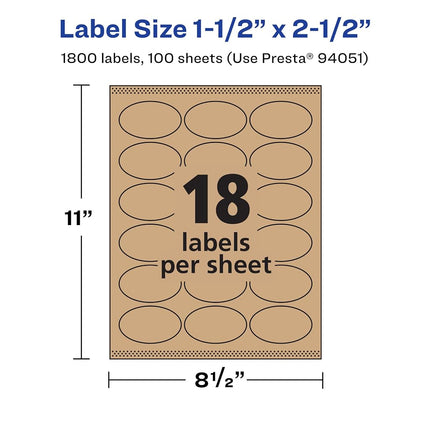 Avery Kraft Brown Oval Labels with Sure Feed, 1.5" x 2.5", 1,800 Kraft Brown Labels, Laser/Inkjet Printable Labels