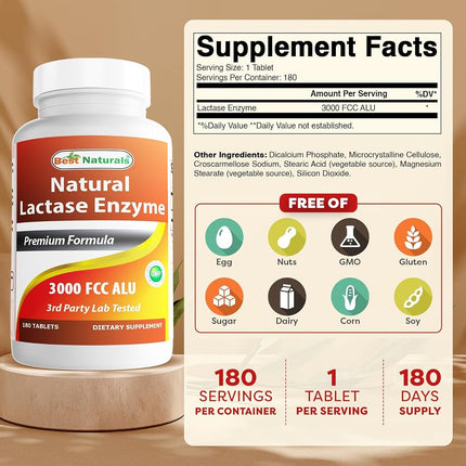 Best Naturals, Fast Acting Lactase Enzyme, 3000 FCC ALU, 180 Tablets (180 Count (Pack of 2))
