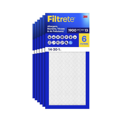 Filtrete 14x30x1 AC Furnace Air Filter, MERV 13, MPR 1900, Premium Allergen, Bacteria & Virus Filter, 3-Month Pleated 1-Inch Electrostatic Air Cleaning Filter, 6-Pack (Actual Size 13.81x29.81x0.78 in)