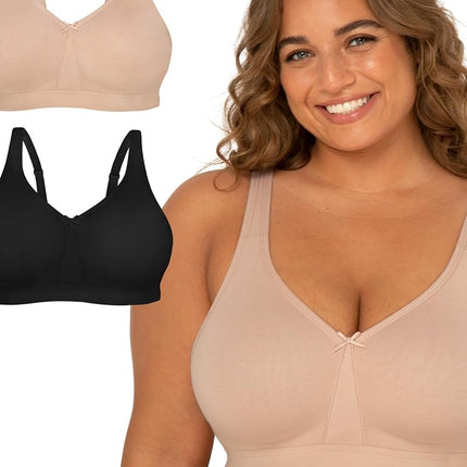 Fruit of The Loom Women's Plus Size Wireless Cotton Bra, Sand/Black Hue, 38D