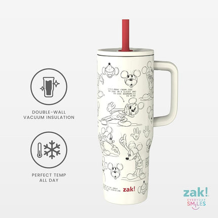 Zak Designs Disney Sutton Travel Tumbler for On The Go, 30oz Stainless Steel with Vacuum Insulation, Silicone Straw, and Carry Handle for Cold Drinks (Mickey Mouse Sketch)
