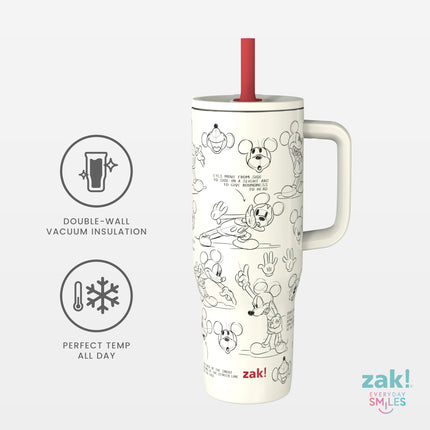 Zak Designs Vaso de viaje Sutton de Disney para llevar, 887 ml, acero inoxidable con aislamiento al vacío, pajita de silicona y asa de transporte para bebidas frías (boceto de Mickey Mouse)