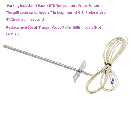 RTD Temperature Sensor, Not Include PTG, Replacement for Traeger Digital Thermostat Wood Pellet Grills Grill Oven Probe Replacement Part, 7.08in Internal Grill Sensor Probe, 47.2in Heat Woven Wires