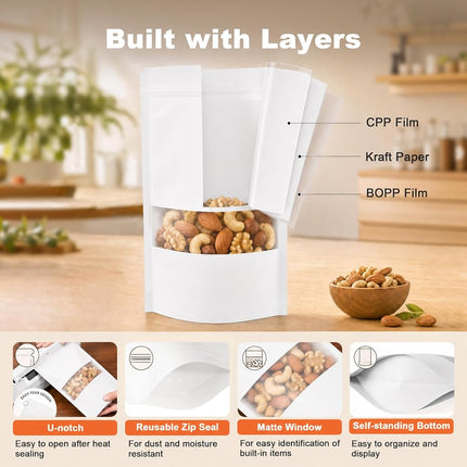 FireKylin Pack of 100 Resealable Paper Bags with Matte Window for Small Business, Zip Closure and Heat Sealable Treat Bags for Packaging (Inner Size 5.2 x 5.7 inches