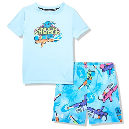 Under Armour Boys' Swim Volley, Sleeve Shirt & Matching Shorts, Lightweight & Breathable Rash Guard Set, Stream Super Soaker, 2