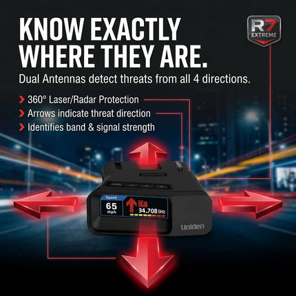 Uniden R7 EXTREME LONG RANGE Laser/Radar Detector, Built-in GPS, Real-Time Alerts, Dual-Antennas Front & Rear w/Directional Arrows, Voice Alerts, Red Light and Speed Camera Alerts