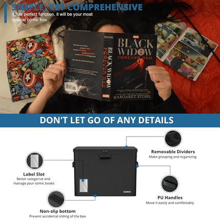 ELOBOON Graded Comic Book Storage for 30 Comics, Fireproof & Water-Resistant & Moistureproof Stackable CGC Comic Book Box with Label Window and Lock, Comic Book Case with Internal Triple Dividers