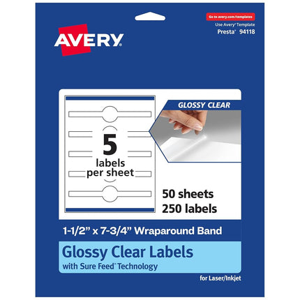 Avery Glossy Clear Cigar Labels with Sure Feed, 1.5" x 7.75", 250 Glossy Clear Labels, Print-to-The-Edge, Laser/Inkjet Printable Labels