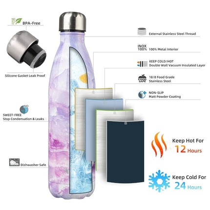 Konokyo Insulated Water Bottles,25oz Double Wall Stainless Steel Vacumm Metal Flask for Sports Travel,Marble-Dawn
