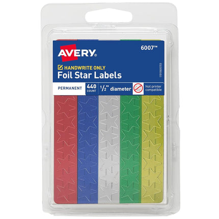 Avery Assorted Foil Star Labels, 1/2" Diameter, 440 Labels per Pack, Case Pack of 36 (6007)