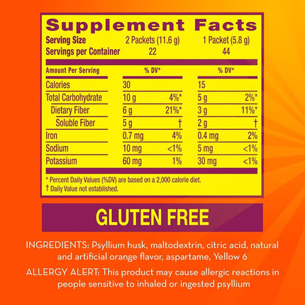 Metamucil Daily Fiber Supplement, Orange Smooth Sugar Free Psyllium Husk Fiber Powder Packets, 44 Singles