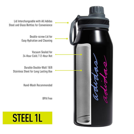 adidas 1 Liter (32 oz) Water Bottle, Hot/Cold Double-Walled Insulated 18/8 Stainless Steel, Green Oxide/Onix Grey/Silver Metallic, One Size
