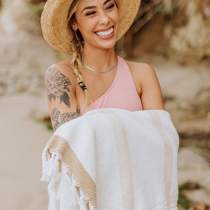 BEACH STATE Oceanside Beach Blanket, 66" x 80", 100% Cotton Premium Picnic Blanket, Oversized Beach Towel with Fringe, Boho Beach Accessories (Driftwood Stripe)