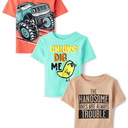 The Children's Place camisetas gráficas de manga corta con vehículos para bebés y niños pequeños, paquete múltiple, Pollito/Guapo/Camión monstruo, 3T