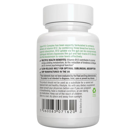 Super B12-Complex 1000mcg, High Absorption Sublingual Vitamin B12 in Three Bioactive Forms with Methylcobalamin, Vegan, 180 Tablets