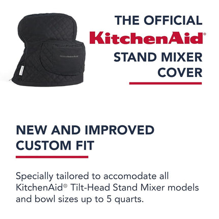 KITCHENAID Fitted Tilt-Head Solid Stand Mixer Cover with Storage Pocket, Quilted 100% Cotton, Matte Black, 14.4"x18"x10", NEW AND IMPROVED FIT