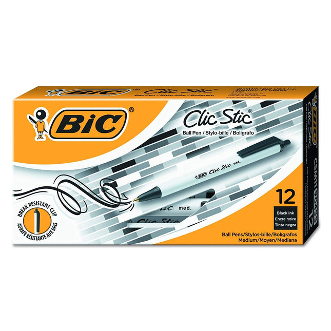 BIC CSM11-BLK Clic Stic Retractable Ball Pen, Medium Point (1.0 mm), Black Ink, 3-Pack, 36-Count